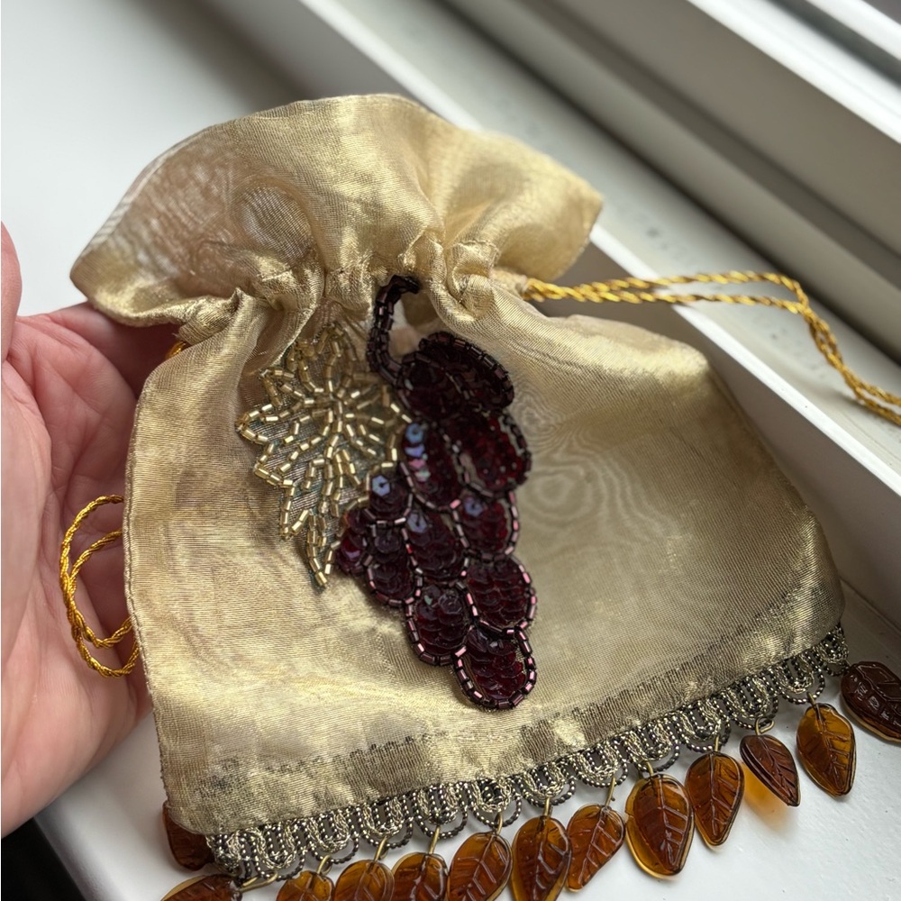 Unique Elegant Gold Drawstring Bag with Sequin Grapes